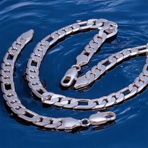 Figaro Chain 925 Sterling Silver 12MM Bracelets 8” Necklace 24” Jewelry set